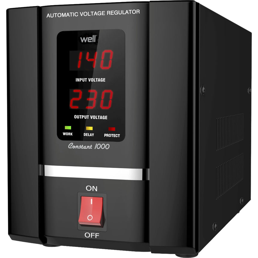 Stabilizator automat de tensiune cu servo motor, Well Constant, 1000VA/600W, Monofazic, Tip conector: 1xSchuko, Protectie: supraincalzire, scurtcircuit