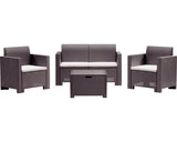 Set mobilier 4 piese gradina/terasa Nebraska Bica, canapea 2 locuri 131x57.5xH79 cm + 2 fotolii 75x57.5xH79 cm + masuta cu spatiu de depozitare 60x54xH41 cm, plastic, perne incluse, aspect rattan, maro