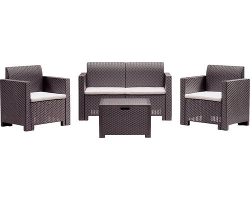 Set mobilier 4 piese gradina/terasa Nebraska Bica, canapea 2 locuri 131x57.5xH79 cm + 2 fotolii 75x57.5xH79 cm + masuta cu spatiu de depozitare 60x54xH41 cm, plastic, perne incluse, aspect rattan, maro