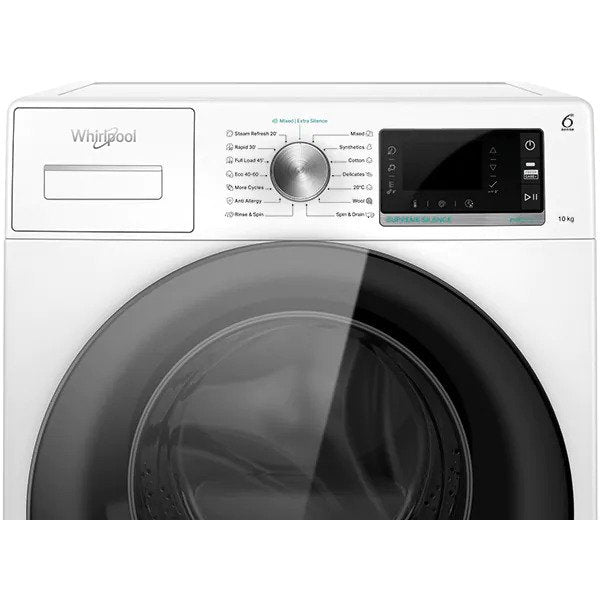 Masina de spalat rufe Whirlpool Supreme Silence W6W045WBEE, 10 kg, 1400 rpm, Clasa B, Al 6-lea Simt, Motor Zen Direct Drive, FreshCare+, Steam Refresh, Steam Hygiene, Display LCD, Alb