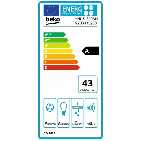 Hota incorporabila Beko HNU51630SH, Putere de absorbtie 673 mc/h, Filtre de carbon incluse, Iluminare LED, Control mecanic, 1 filtru anti-grasime metalic lavabil, 60 cm, Inox