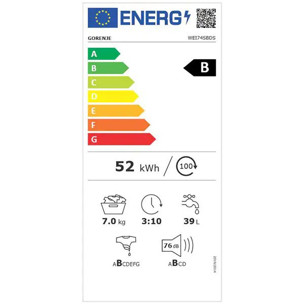 Masina de Spalat Rufe Frontala GORENJE WEI74SBDS, WaveActive, 7 kg, 1400rpm, Clasa B, Alb
