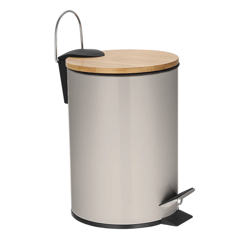 Cos metal de gunoi cu pedala, 3 litri, cu capac bambus natural, galeata detasabila, Frandis, gri bej sable P354366