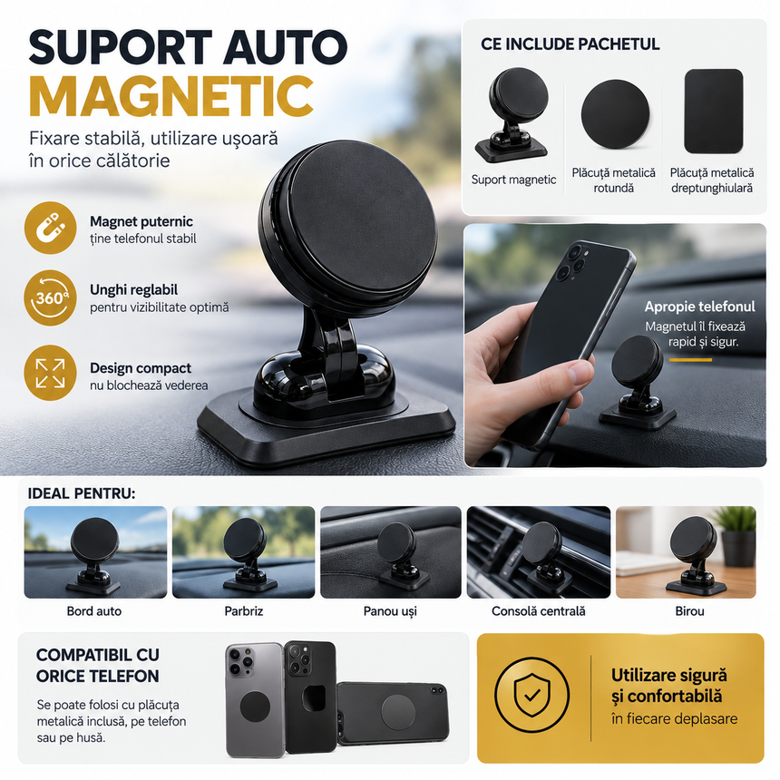 Suport Magnetic Auto pentru Telefon, Montare pe Bord, Unghi Reglabil, Suport Smartphone pentru Mașină