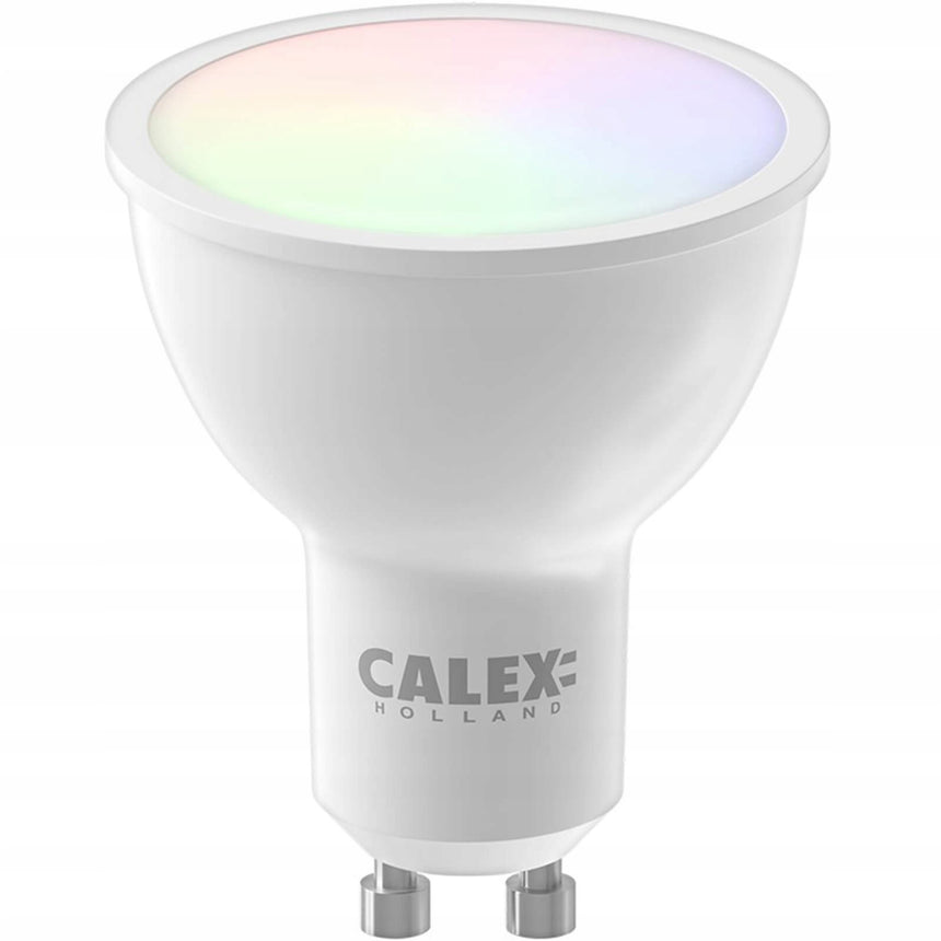 Bec LED RGB inteligent Calex Smart, Wi-Fi, Bluetooth, GU10, 4.9W, 345 lm, lumina alba si colorata, compatibil Google Assistant si Alexa, Clasa energetica G
