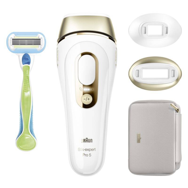 Epilator IPL Braun Silk-expert PRO 5 PL5152, SkinPro 2.0, 400.000 impulsuri, 10 niveluri de intensitate, 125 impulsuri pe minut, 2 capete de precizie, alb/auriu