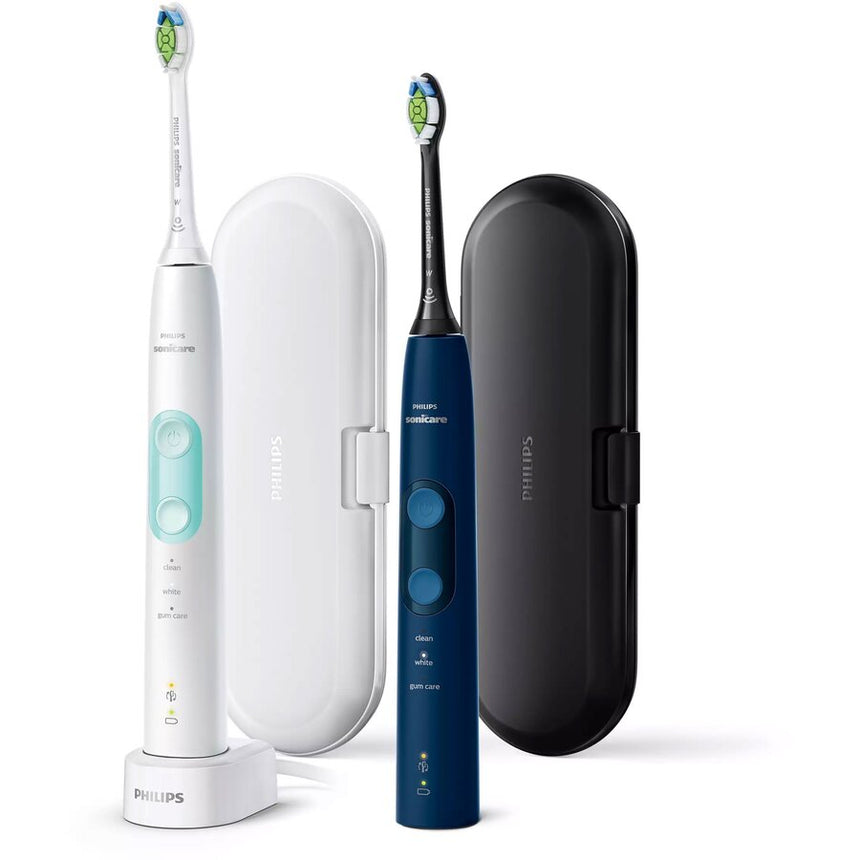 Set 2 periute de dinti sonice electrice Philips Sonicare ProtectiveClean HX6851/34, 62000 miscari/minut, 3 moduri de curatare, senzor presiune, functie BrushSync, 2 tocuri de transport, 2 capete de periere, Alb/Albastru