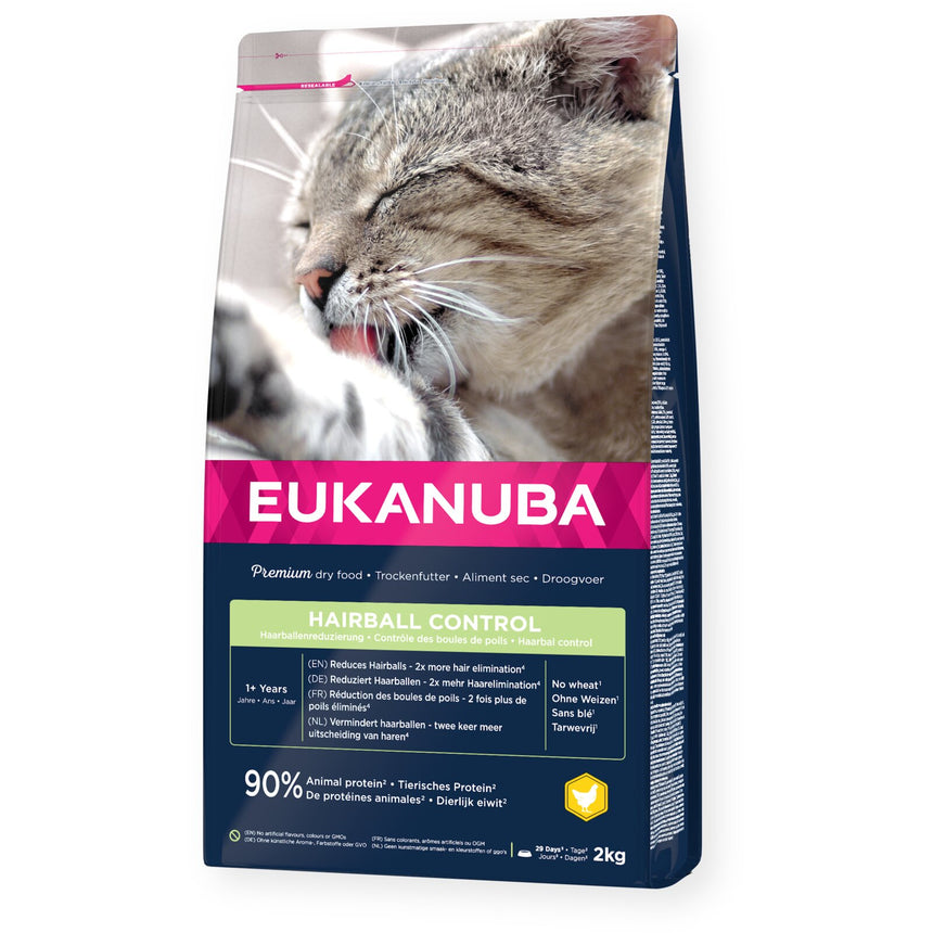 Hrana uscata anti-ghemotoace pentru pisici adulteEUKANUBA Cat Hairball Control Adult All Breeds Chicken & Liver, cu pui 2 kg