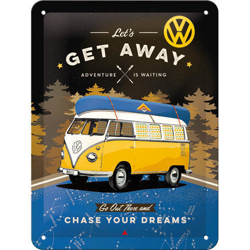 Placa decor metalica 15x20 cm VW Bulli - Let's Get Away Night
