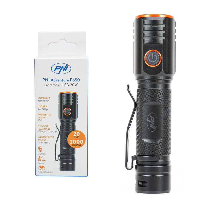 Lanterna PNI Adventure F650 cu LED 20W, 2000lm, din aluminiu, IPX6, acumulator inclus, incarcare prin USB tip C