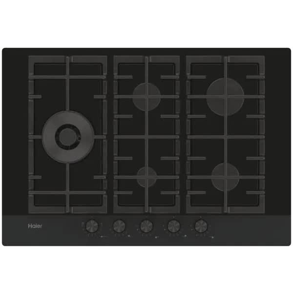 Plita incorporabila Haier HAVG7WL4HB, Gaz, 5 arzatoare, Aprindere electrica, Gratar fonta, Wok, 75 cm, Sticla neagra