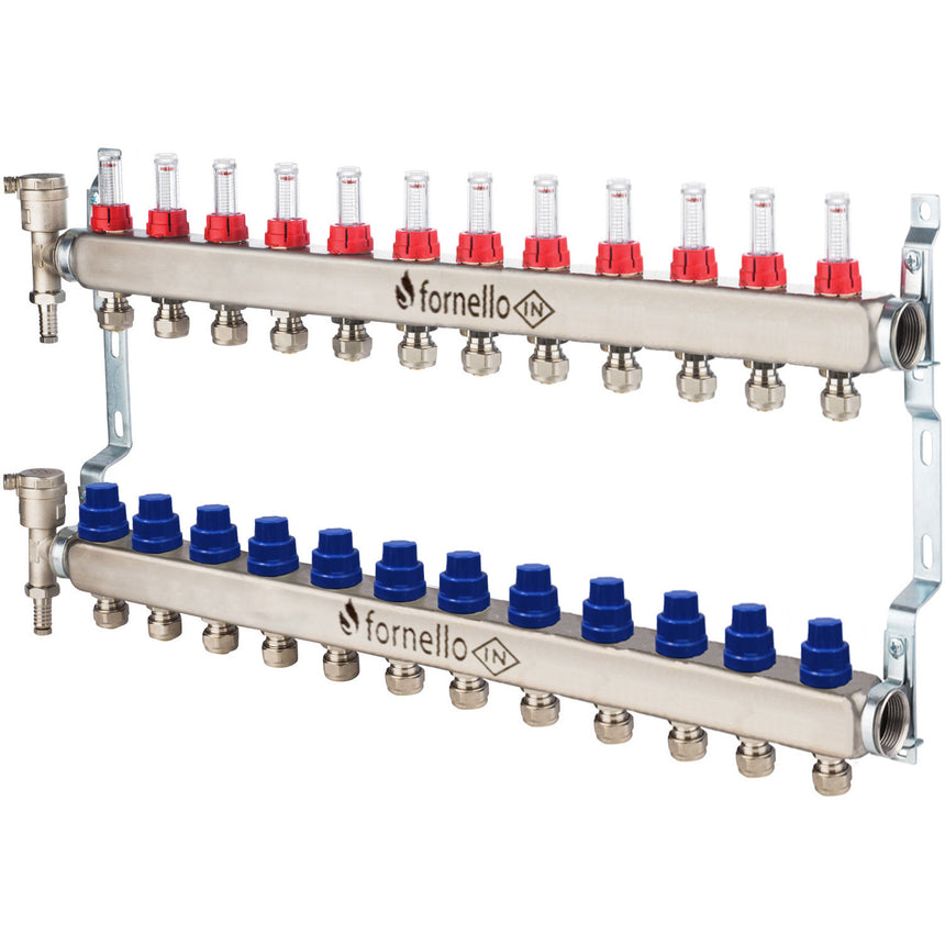 Distribuitor-Colector Fornello, echipat cu debitmetre, robineti si aerisitoare, inox, filet interior, 12 cai, 1"