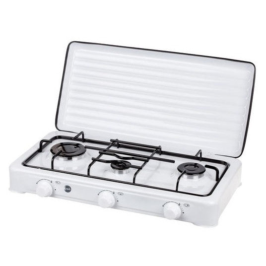 Aragaz Camping Portabil, MPM, SMILE-KN-03/1K, Gaz Butan, 4.9 kW, 385 g/h, 37 mbar, 59x9x35.5 cm, 3 Arzatoare, Emailat, Alb