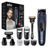 Aparat de tuns multifunctional Braun MGK7330 Wet&Dry, 13 de setari pentru lungime, 10 in 1, 4 piepteni, 4 accesorii extra, Aparat de ras Gillette, Negru/Albastru