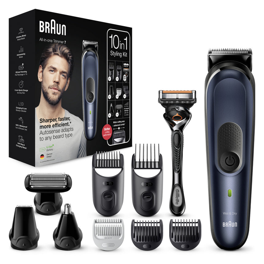 Aparat de tuns multifunctional Braun MGK7330 Wet&Dry, 13 de setari pentru lungime, 10 in 1, 4 piepteni, 4 accesorii extra, Aparat de ras Gillette, Negru/Albastru