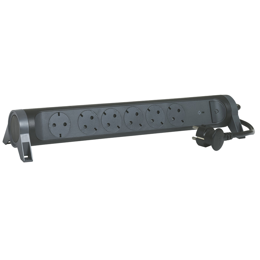 Prelungitor rotativ Legrand Revolution L694513, cu intrerupator iluminat, 6 prize, protectie supratensiune, indicator LED, sectiune cablu 3x1.5mm, cordon 1.5m, Negru/Gri