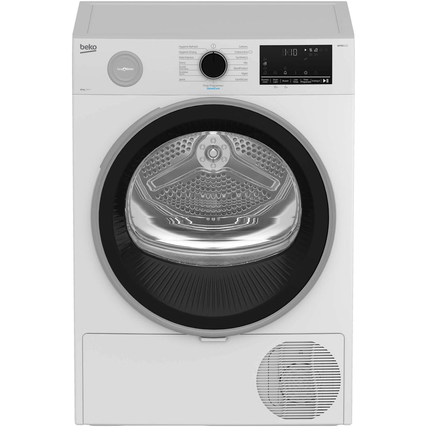 Uscator de rufe Beko B5T60236W, Pompa de caldura, 10 kg, 15 programe, Clasa E, SteamCure, RecycledDry, Motor ProSmart Inverter, Alb