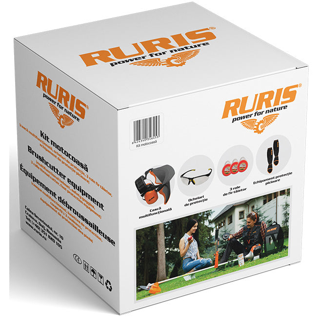 Kit protectie Ruris 23345419, pentru utilizare motocoasa, casca multifunctionala, ochelari, 3 role de fir, set protectie picioare