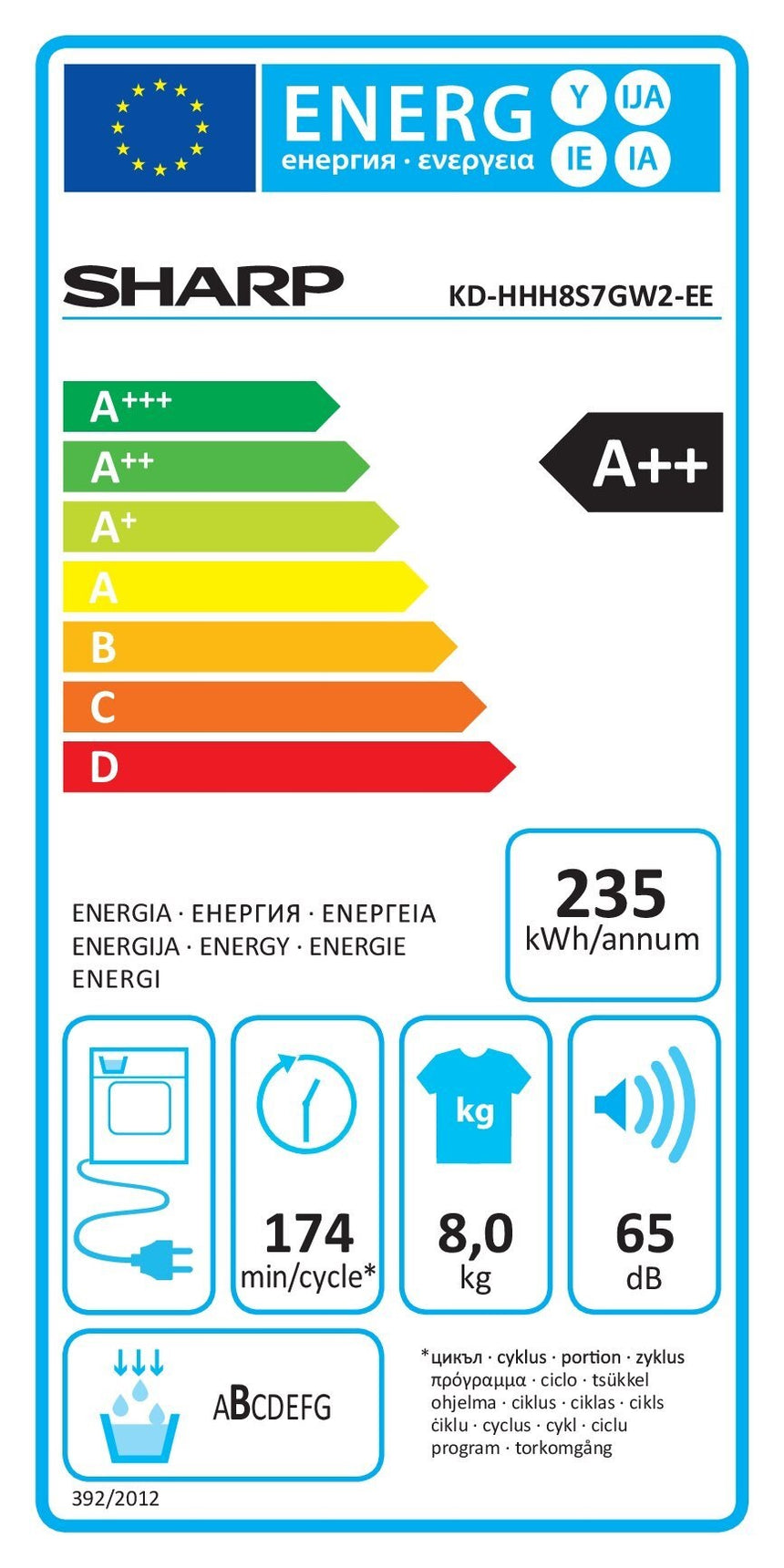 Uscator de rufe SHARP KD-HHH8S7GW2-EE, Pompa de caldura, 8 kg, 15 programe, Clasa A++, Alb