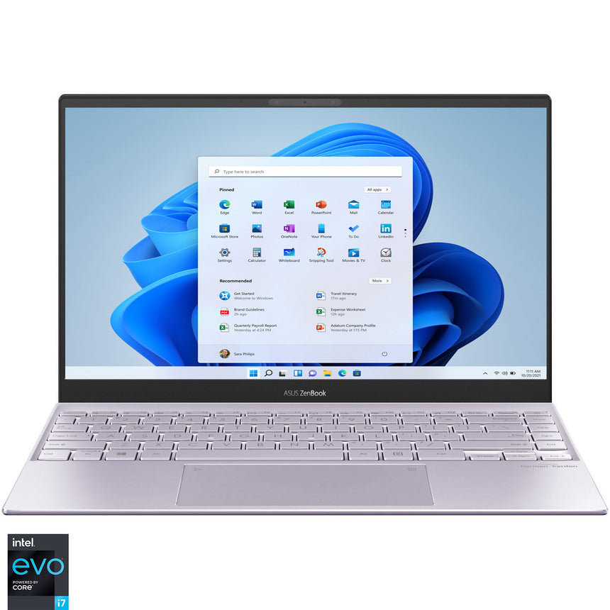 Laptop ultraportabil ASUS ZenBook 13 UX325EA cu procesor Intel® Core™ i7-1165G7, 13.3", Full HD, OLED, 8GB, 512GB SSD, Intel® Iris Xe Graphics, Windows 11 Home, Lilac Mist