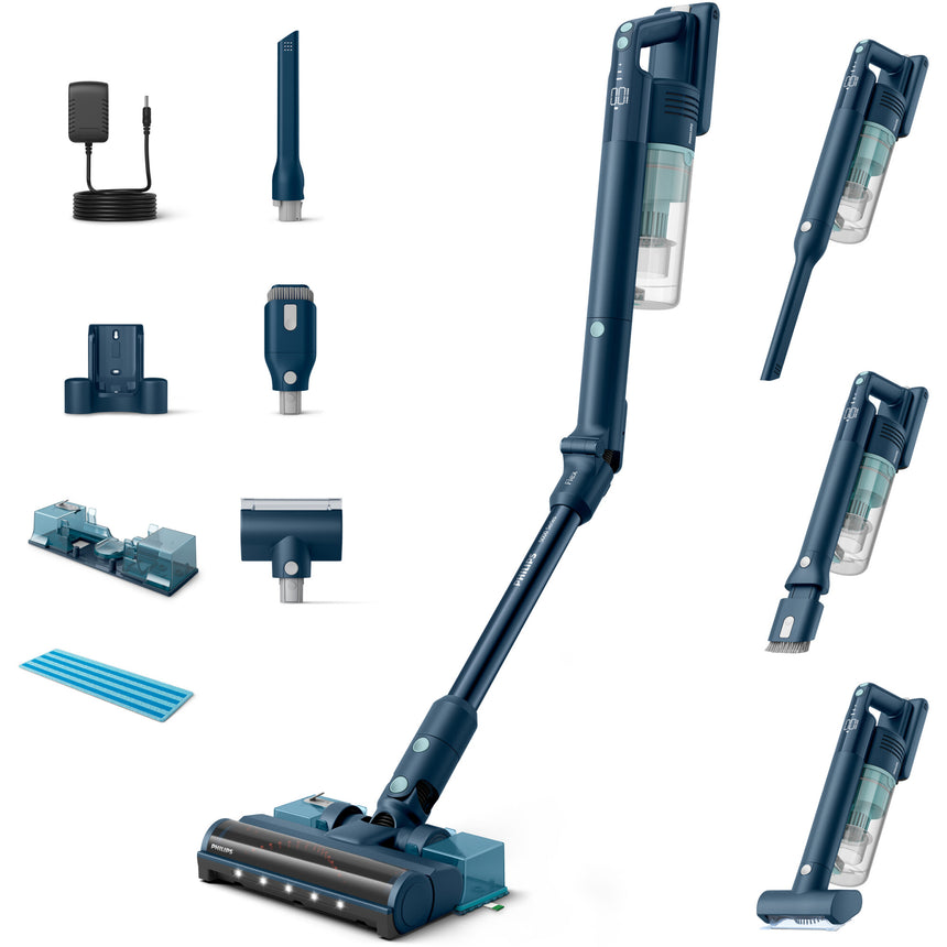 Aspirator vertical Philips Flex XC5244/10, Aqua, durata de functionare pana la 60 min, Tehnologie PowerCyclone 10, duza de aspirare TriActive cu LED, 3 setari, tub flexibil, sistem de filtrare in 3 etape, afisaj digital, perie pentru par de animale