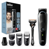 Aparat de tuns multifunctional Braun MGK3345 Wet&Dry, 13 de setari pentru lungime, 7 in 1, 4 piepteni, 1 accesoriu extra, kAparat de ras Gillette, Negru/Albastru