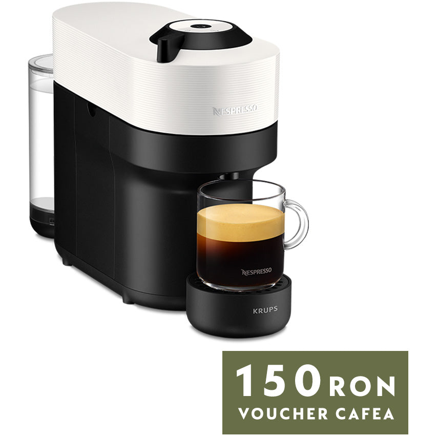 Espressor KRUPS cu capsule Nespresso Vertuo Pop XN920110, 1500W, 19 Bar, Centrifusion™, Conectare la telefon, 0.6L, Alb + set capsule degustare
