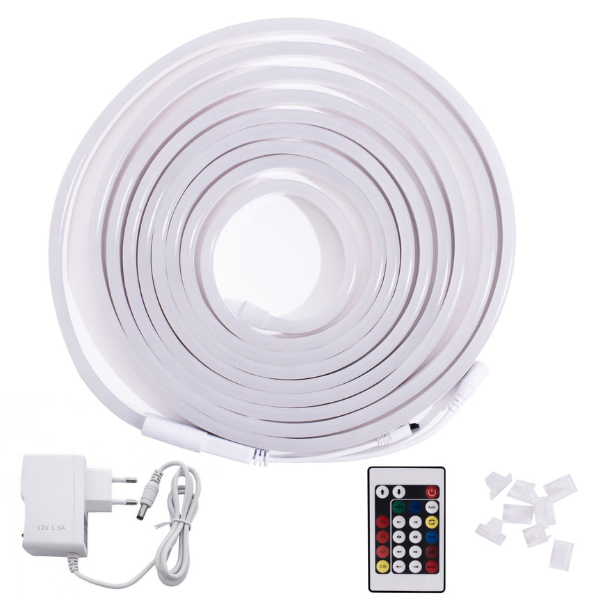 Furtun luminos LED neon flexibil, rola 5 m, multicolor, 48 Led-uri/m, IP65, include transformator si telecomanda