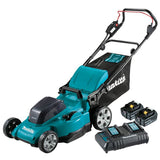 Masina de tuns gazon/iarba pe acumulator Makita DLM480CT2, latime taiere 48 cm, inaltime taiere 20 - 100 mm, cos colector 62 L, functie colectare/mulcire/descarcare laterala, contine: 2 acumulatori 18V LXT 5.0 Ah + incarcator dublu standard