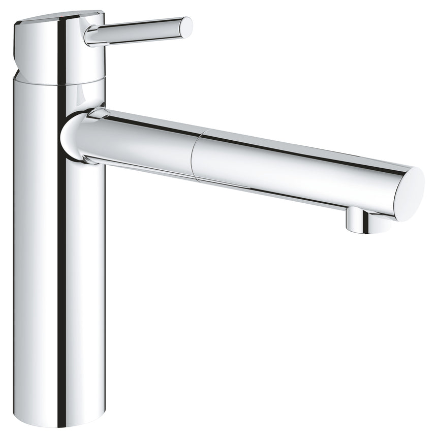Baterie bucatarie cu dus extractabil Grohe Concetto, monocomanda, 1/2'', cartus ceramic, pipa medie, pivotanta 100, limitator debit, Crom