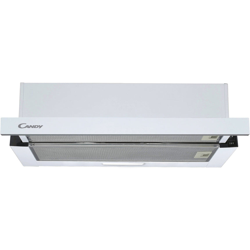Hota telescopica incorporabila Candy CBT60RWG, Putere de absorbtie 402 mc/h, 2 Viteze, LED, 60 cm, Sticla alba