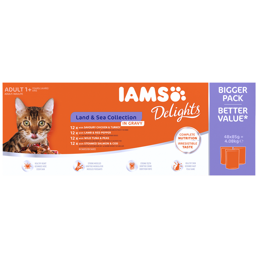 Hrana umeda pentru pisici IAMS Delights Land & Sea, in Aspic, 48x85g