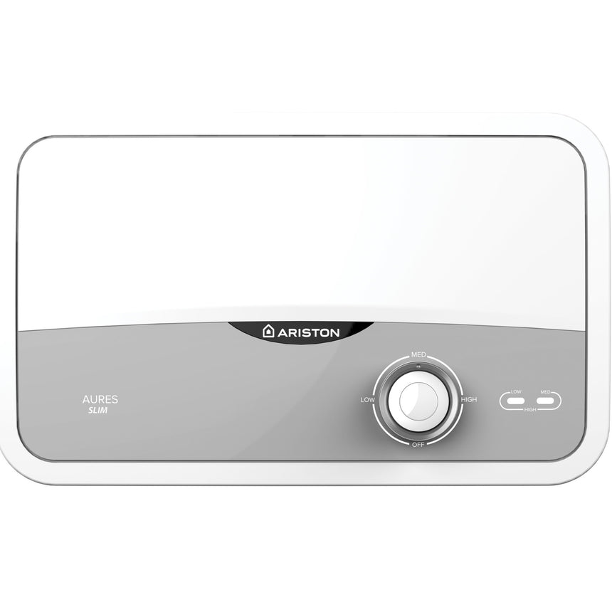 Incalzitor instant electric pentru apa Ariston AURES SLIM, Instalare single-point, Protectie electrica IP25, Termostat cu siguranta dubla, 4 setari de putere, Kit robinet/dus