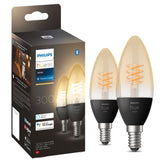 Pachet 2 becuri LED inteligente vintage Philips Hue Filament Candle, Bluetooth, Zigbee, E14, 4.5W (28W), 300 lm, lumina alba calda (2100K), clasa energetica G