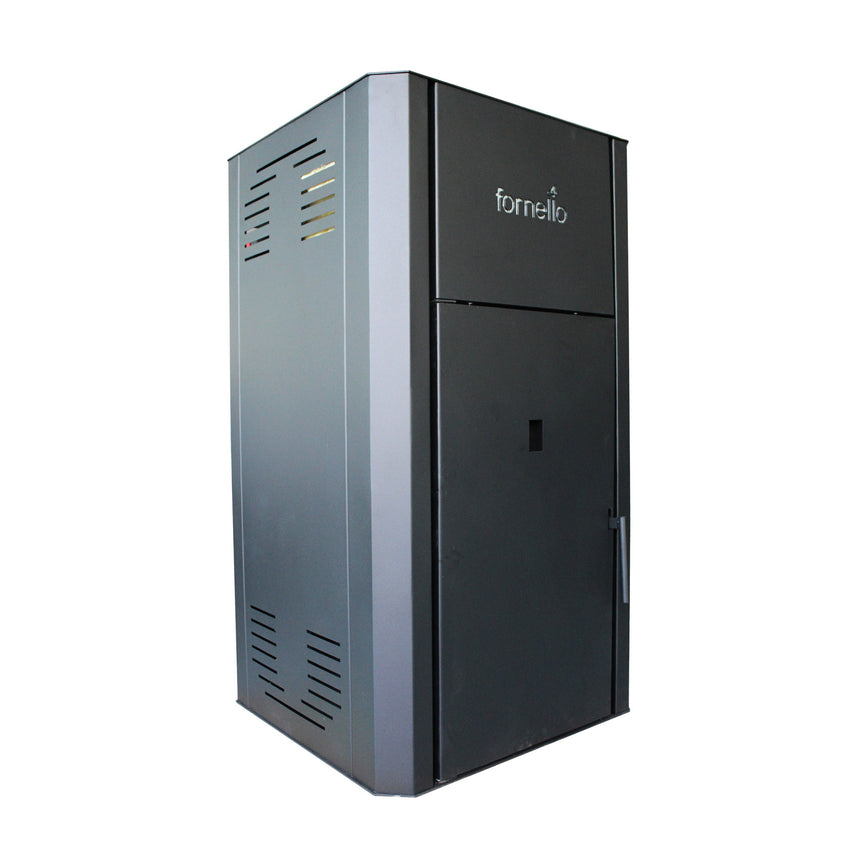 Centrala peleti Fornello Primo Pellet Black 25 kw, complet echipata pentru incalzire, pompa circulatie, vas expansiune, automatizare , telecomanda , buncar peleti 30 kg, tiraj fortat, culoare neagra, aprindere automata, pana la 160 mp