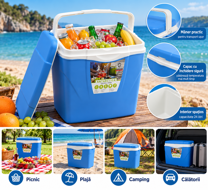 Ladă Frigorifică Portabilă Agora 24L, Cutie Termoizolantă pentru Camping, Picnic, Plajă și Călătorii