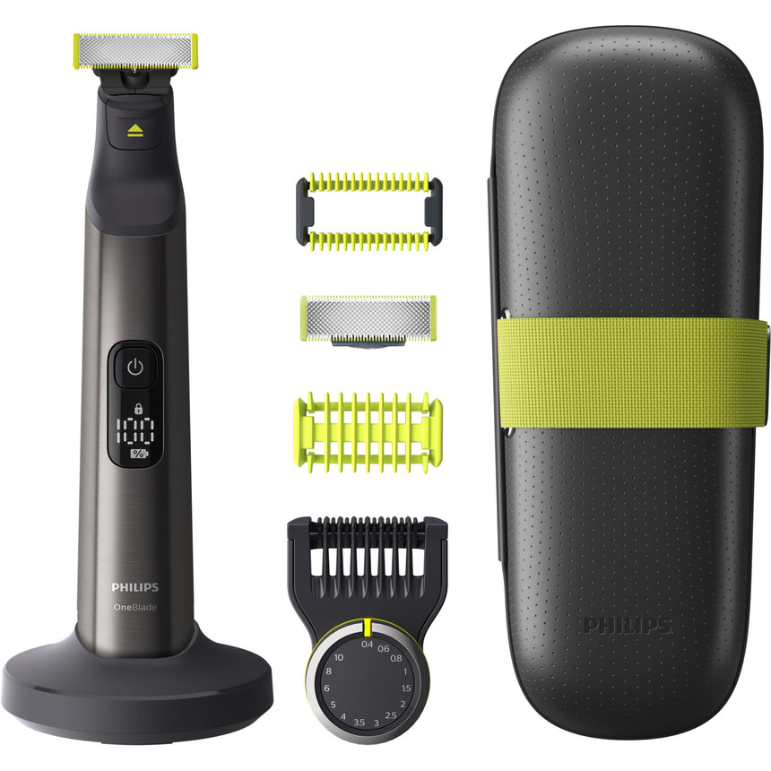 Aparat hibrid de barbierit, tuns barba si parul corporal PHILIPS OneBlade Pro QP6651/61, pieptene cu 14 lungimi, lama inovatoare 360 cu 2 taisuri, afisaj digital LED, pieptene corp, autonomie 120 min, umed si uscat, lama inlocuibila, suport incarcare, toc