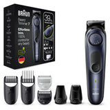 Aparat de tuns barba Braun Beard Trimmer BT7330, Wet&Dry, buton rotativ de precizie, lame de metal, 39 de setari pentru lungime, 2 piepteni, 4 accesorii extra, Saculet de voiaj, Negru/Albastru