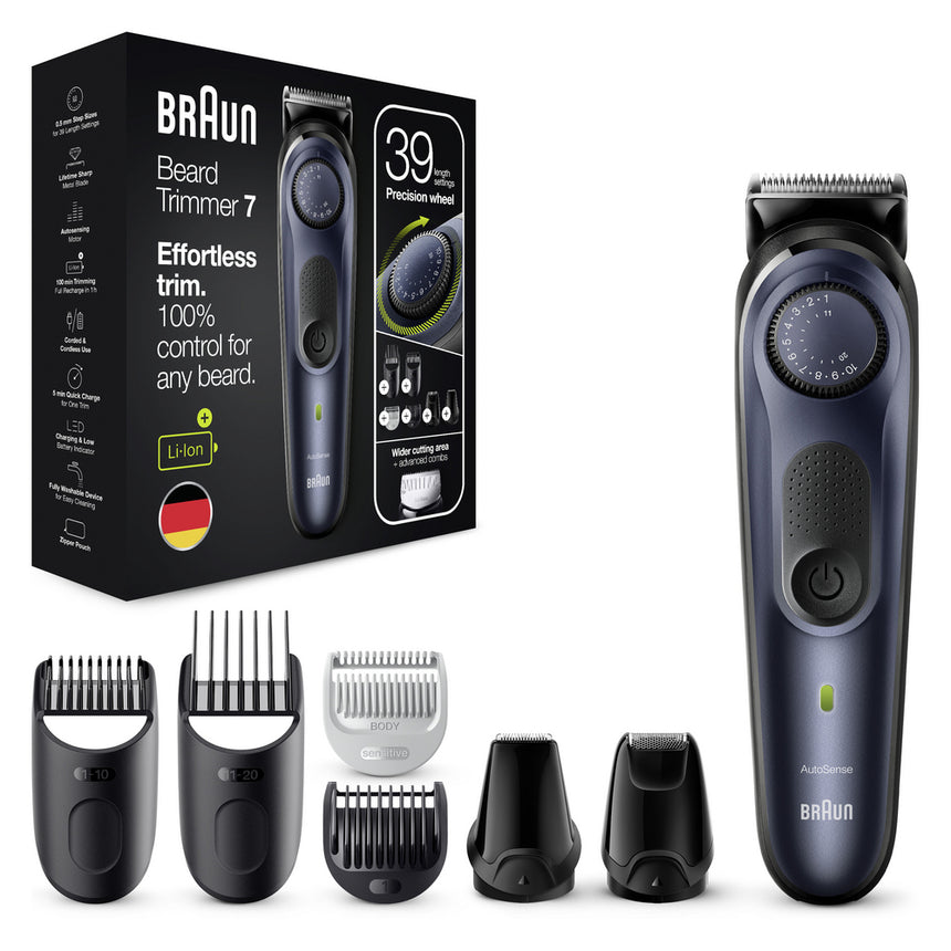 Aparat de tuns barba Braun Beard Trimmer BT7330, Wet&Dry, buton rotativ de precizie, lame de metal, 39 de setari pentru lungime, 2 piepteni, 4 accesorii extra, Saculet de voiaj, Negru/Albastru