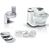 Robot de bucatarie Bosch MUMS2TW01, 700 W, 4 trepe de viteza, Bol din tritan de 3.8 l, mixare planetara 3D, Set patiserie, 3 discuri feliere/ razuire, Alb