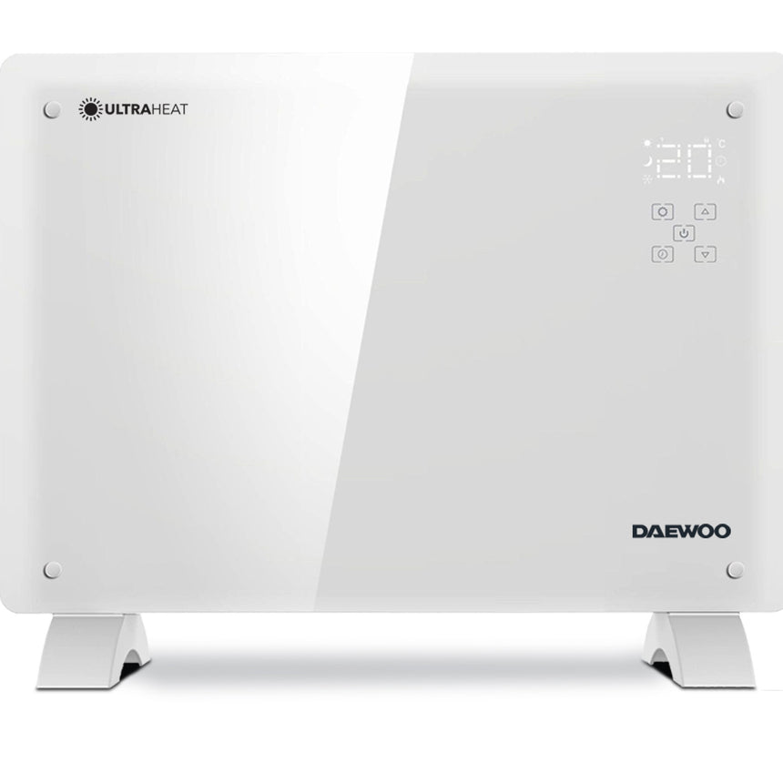 Convector electric smart Daewoo DGH1000WIFI, 1000 W, Suprafata incalzire sticla, Conectare WIFI compatibil cu Android si iOS, Touch control, Display LED, Timer, Alb