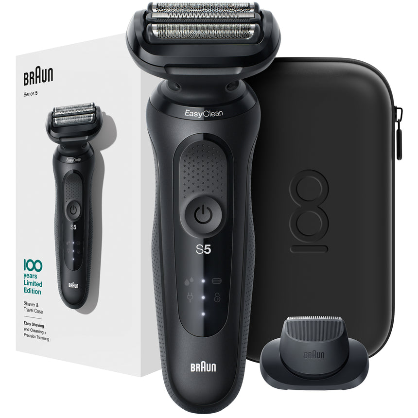 Aparat de ras electric Braun Series 5 MBS5 Max Braun 100 years Design Edition Wet&Dry, EasyClean, 3 elemente de taiere, accesoriu pentru tuns, Trusa de voiaj, Negru