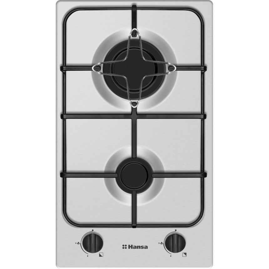 Plita incorporabila Hansa BHGI310102, Gaz, 2 zone gatire, Optigas, Aprindere electrica, Siguranta gaz, 29 cm, Argintiu