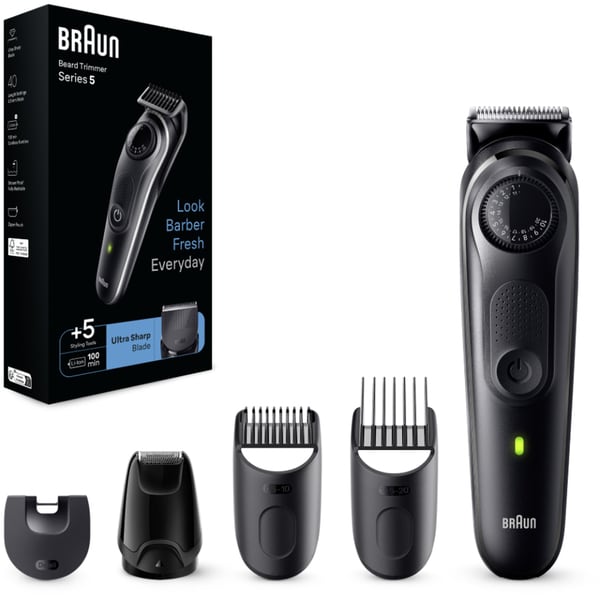 Aparat de tuns barba Braun Beard Trimmer BT5420, Wet&Dry, buton rotativ de precizie, 40 de setari pentru lungime, 1 mini-aparat de ras, 3 piepteni, autonomie 100 minute, Negru