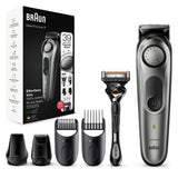 Aparat de tuns barba Braun Beard Trimmer BT7320, Wet&Dry, buton rotativ de precizie, lame de metal, 39 de setari pentru lungime, 2 piepteni, 1 mini cap de ras cu lama, Aparat de ras Gillette, Saculet de voiaj, Negru/Argintiu