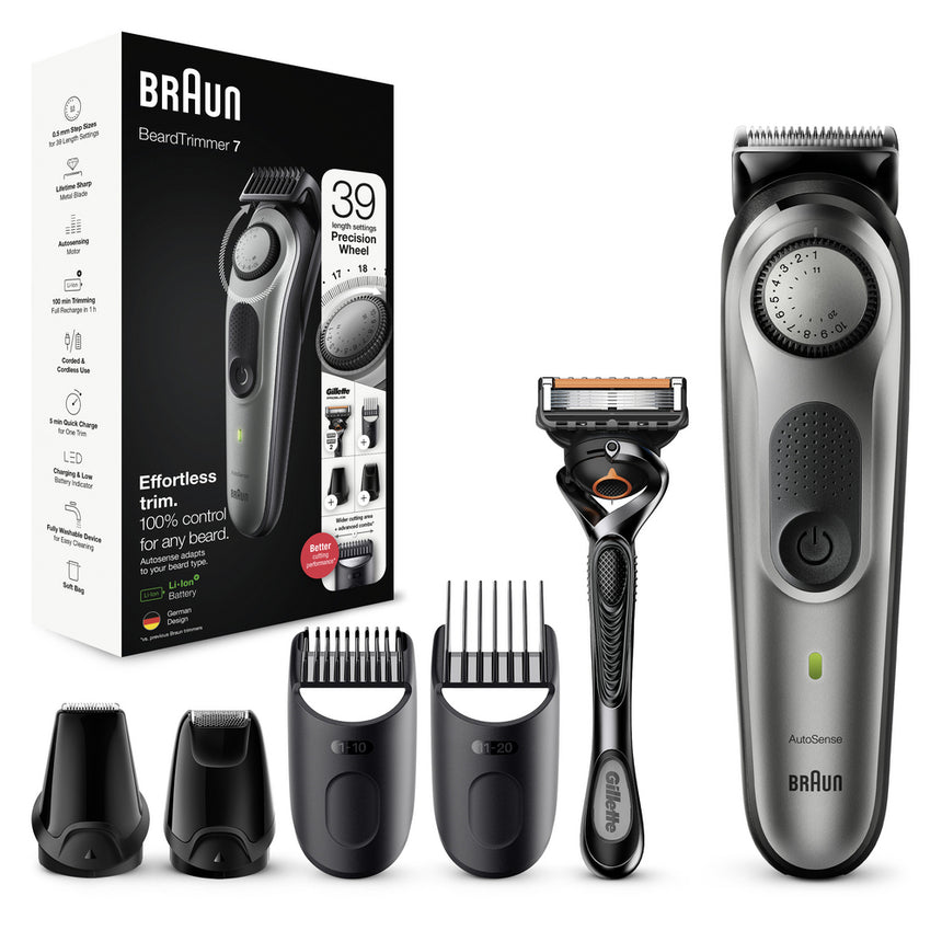 Aparat de tuns barba Braun Beard Trimmer BT7320, Wet&Dry, buton rotativ de precizie, lame de metal, 39 de setari pentru lungime, 2 piepteni, 1 mini cap de ras cu lama, Aparat de ras Gillette, Saculet de voiaj, Negru/Argintiu
