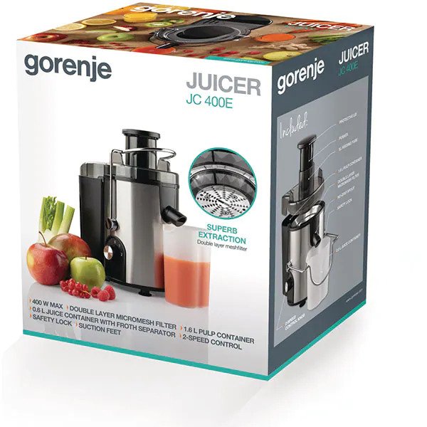 Storcator fructe si legume GORENJE JC400E, 0.6l, 150W, Viteza Variabila, Negru-Argintiu