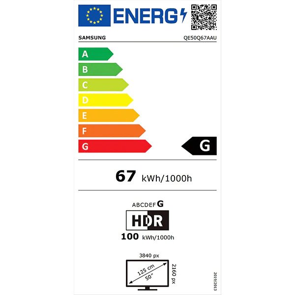 Televizor QLED Smart SAMSUNG 50Q67A, Ultra HD 4K, HDR, 125 cm, Clasa G, Negru