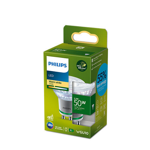 Bec LED spot Philips Ultra Efficient, GU10, 2.1W (50W), 375 lm, lumina calda (2700K), Clasa energetica A