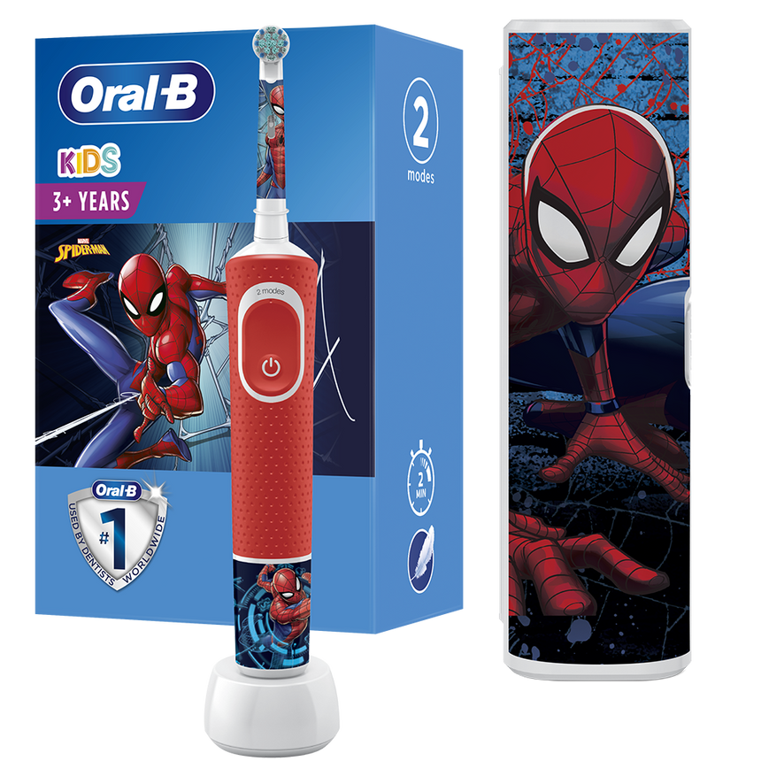 Periuta de dinti electrica Oral-B D100 Vitality Spiderman pentru copii, Curatare 2D, 2 programe, 1 capat, 4 stickere incluse, Rosu